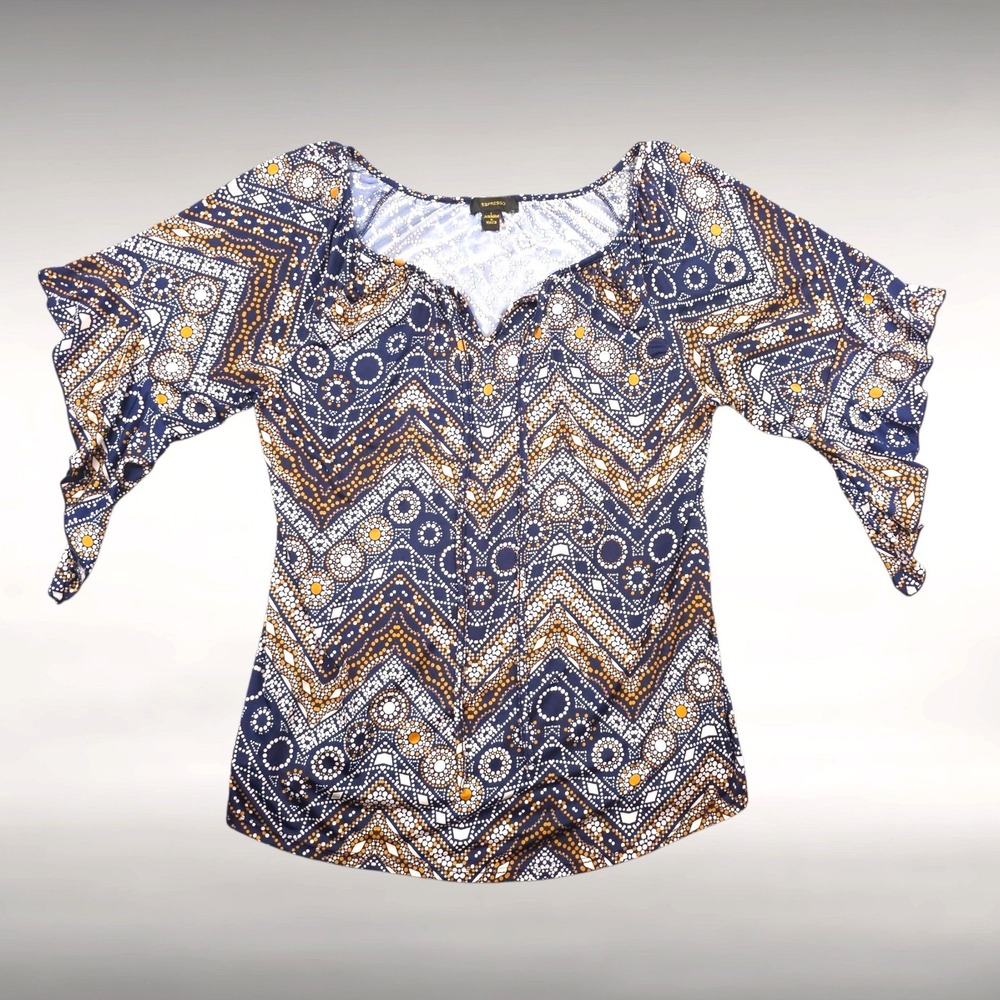 Vintage Y2K Earthy Retro Boho Mosaic Chevron Bell Sleeve Comfy Top Womens L